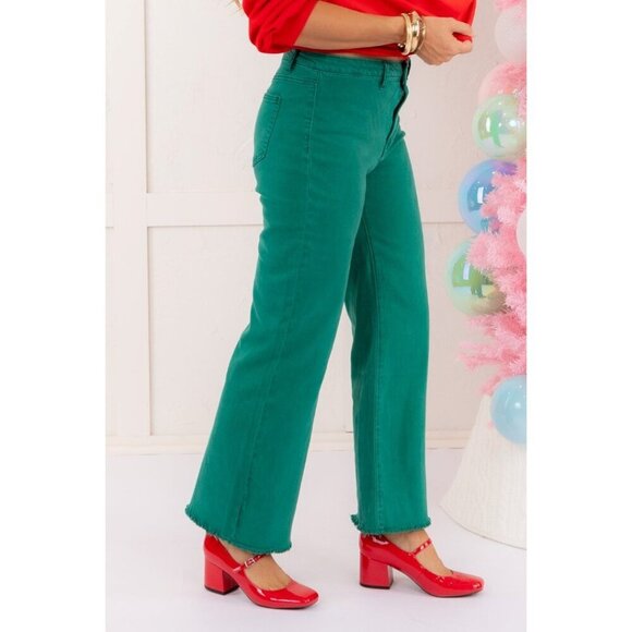 The Willow Tree Allie Pants Dark Green High Rise Wide Leg Stretch Raw Hem XL - Picture 3 of 10